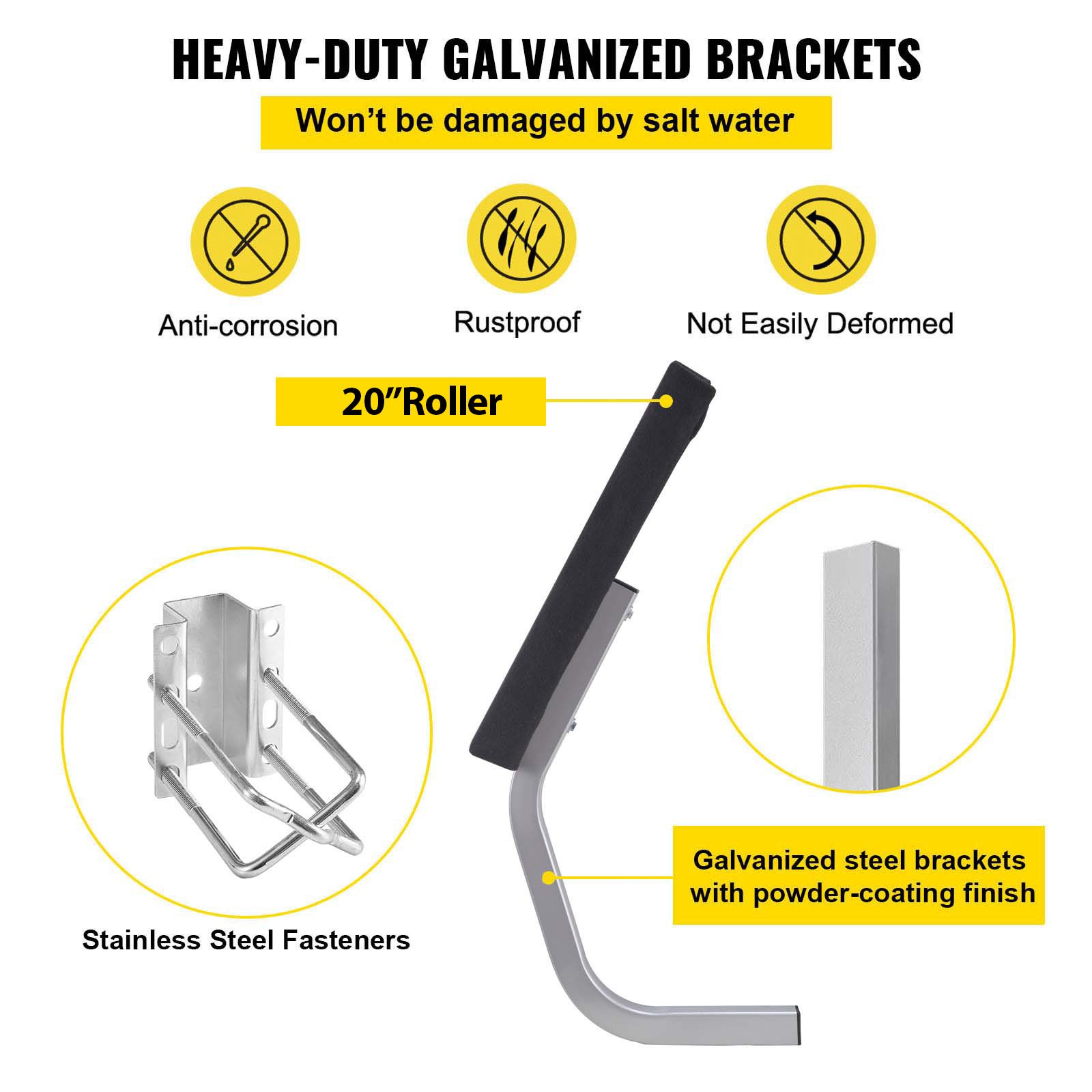 VEVOR boat trailer guide with heavy-duty galvanized brackets, stainless steel fasteners, and 24&quot; rubber roller.