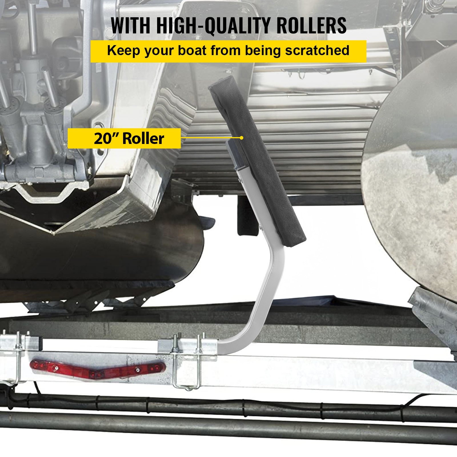 VEVOR boat trailer guide with 24&quot; rubber roller to prevent boat scratching, mounted for stability.