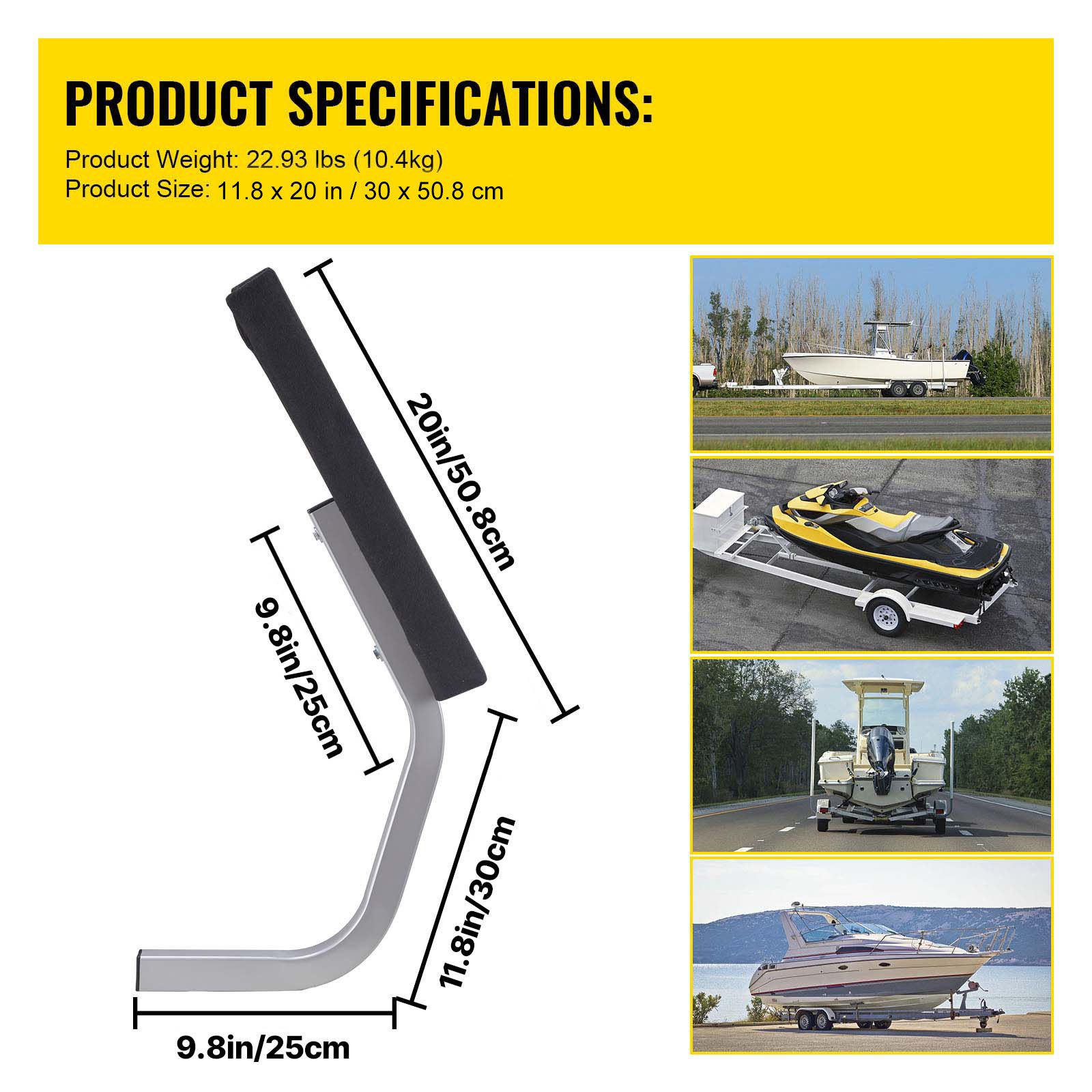 VEVOR boat trailer guide product specs: 22.93 lbs, 11.8x24 in, fits various boat styles and sizes.