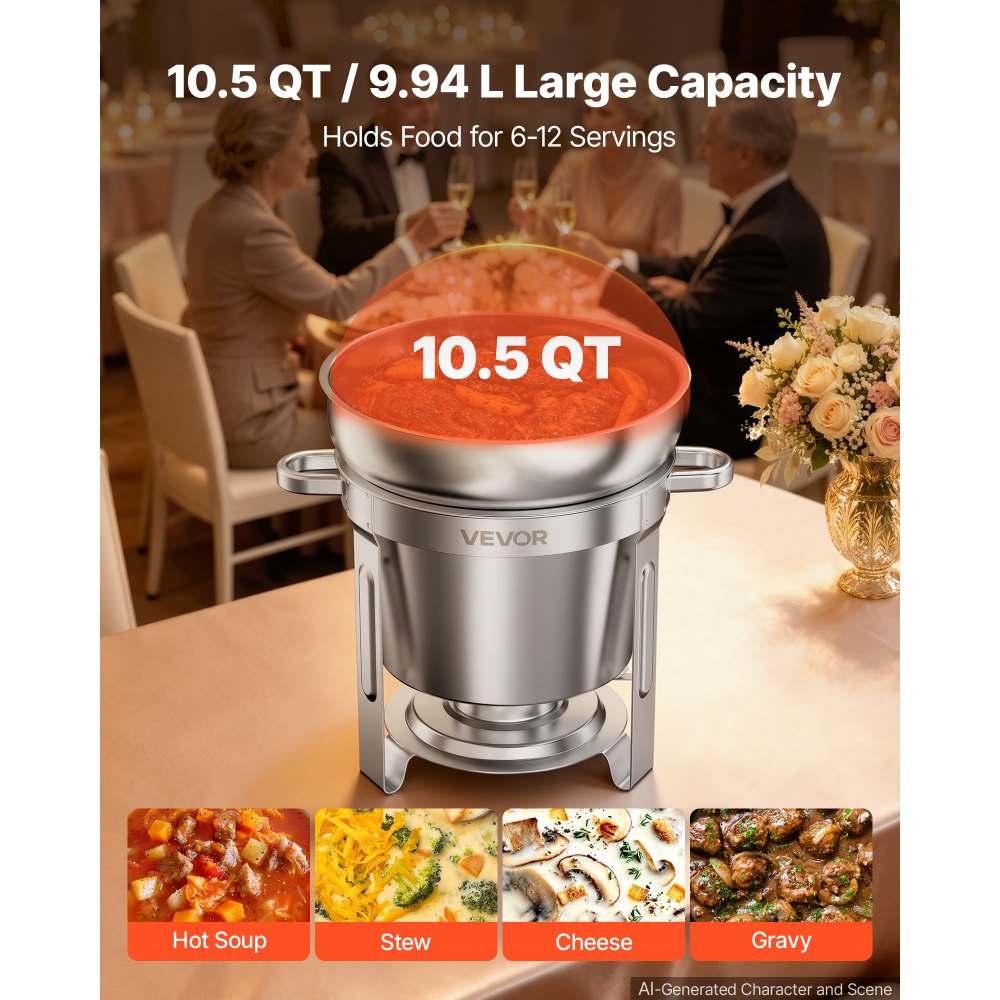 VEVOR 1 Pack Soup Chafer, Chafing Dish for Buffet Set,10.4L Stainless Steel, Catering Marmite for Banquet Party Wedding, Round Buffet Server and Soup Warmer, with Pot, Ladle, and Fuel Holder