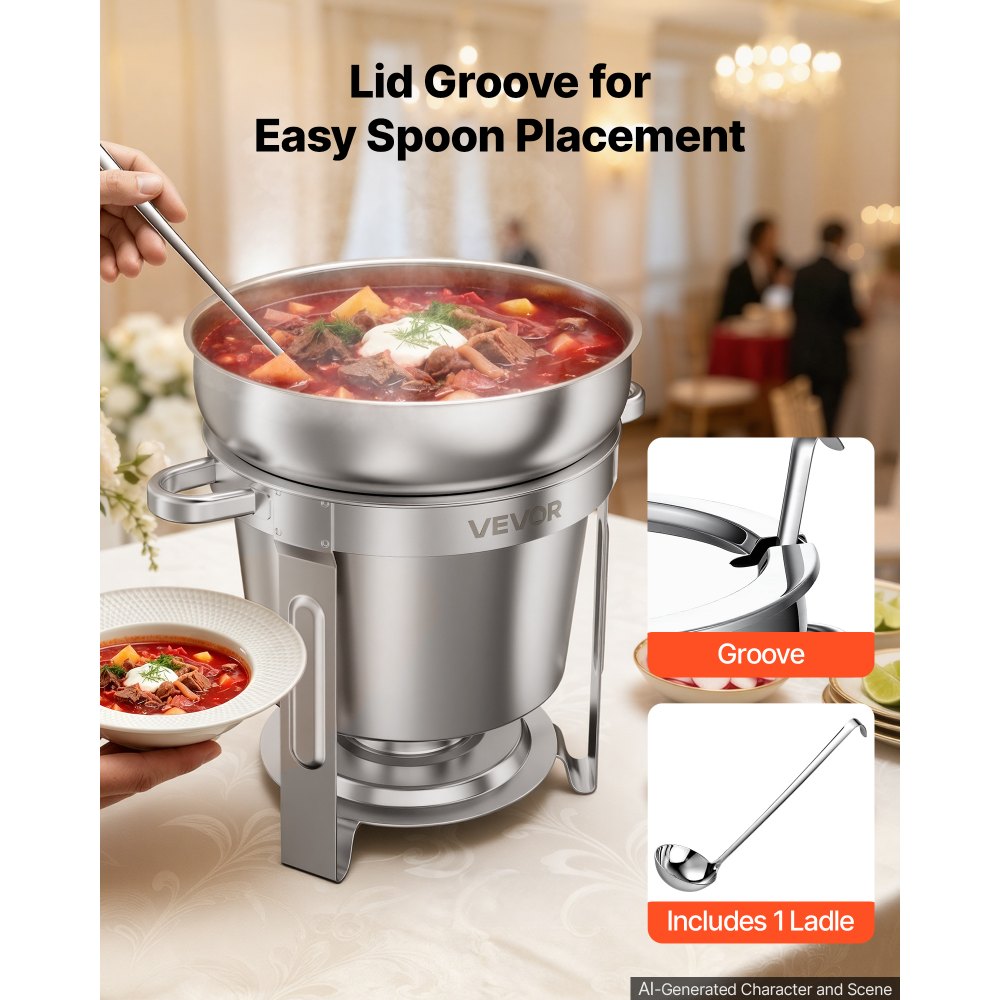 VEVOR 1 Pack Soup Chafer, Chafing Dish for Buffet Set,10.4L Stainless Steel, Catering Marmite for Banquet Party Wedding, Round Buffet Server and Soup Warmer, with Pot, Ladle, and Fuel Holder