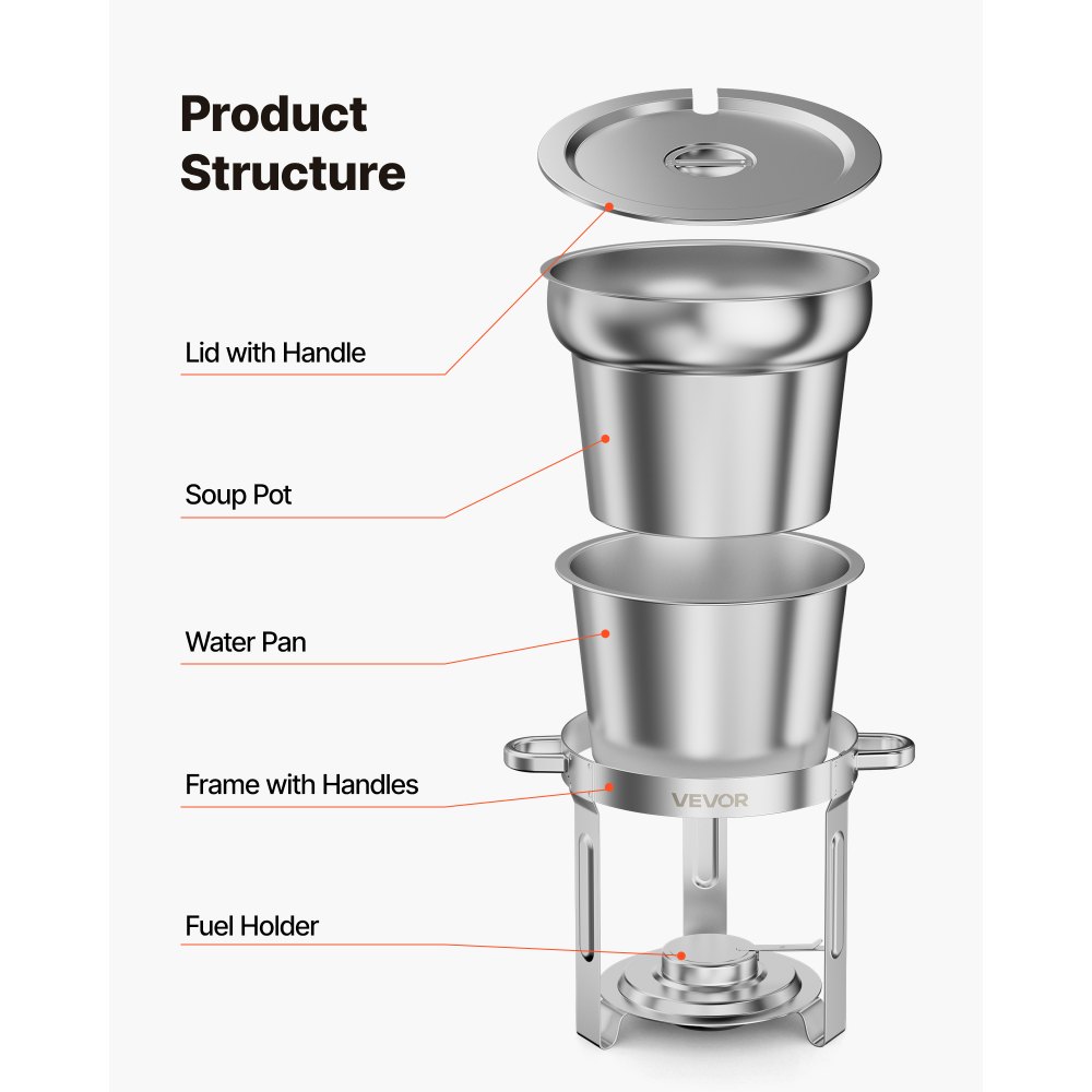 VEVOR 1 Pack Soup Chafer, Chafing Dish for Buffet Set,10.4L Stainless Steel, Catering Marmite for Banquet Party Wedding, Round Buffet Server and Soup Warmer, with Pot, Ladle, and Fuel Holder