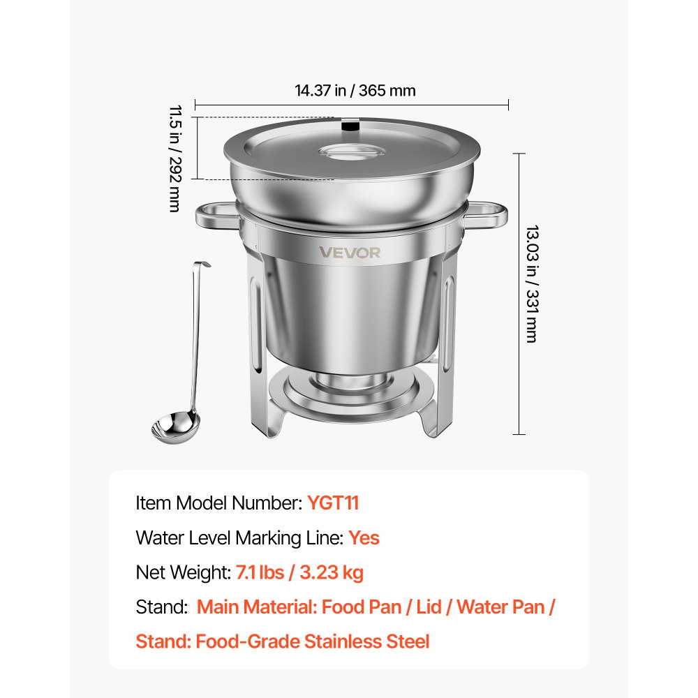 VEVOR 1 Pack Soup Chafer, Chafing Dish for Buffet Set,10.4L Stainless Steel, Catering Marmite for Banquet Party Wedding, Round Buffet Server and Soup Warmer, with Pot, Ladle, and Fuel Holder