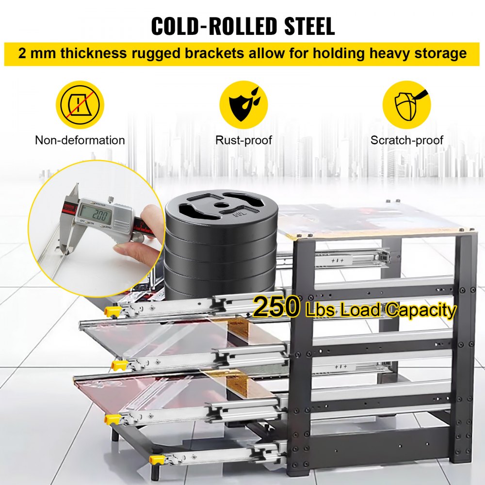 VEVOR heavy duty drawer slides with 250 lbs load capacity, non-deformation, rust-proof, scratch-proof.
