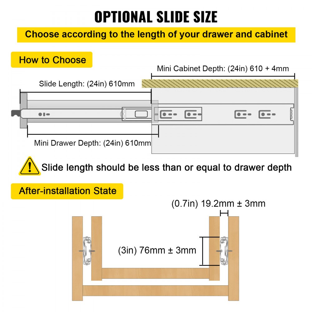 VEVOR heavy duty drawer slides installation guide for different drawer and cabinet sizes.