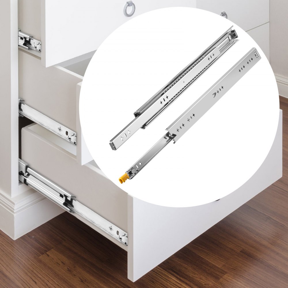 drawer set with VEVOR heavy duty drawer slides in white cabinets on wood floor.
