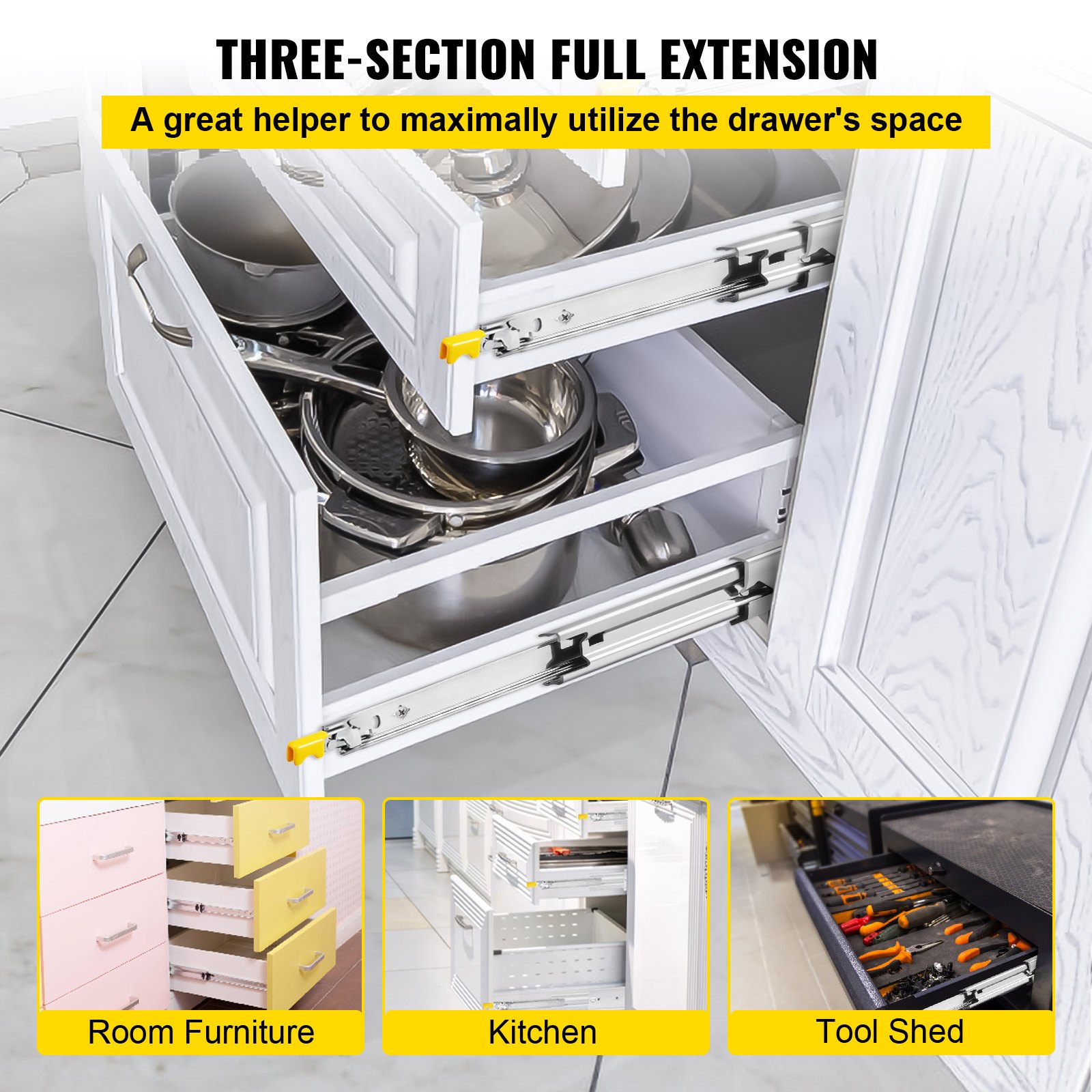 VEVOR heavy duty drawer slides for kitchen, room furniture, and tool shed.