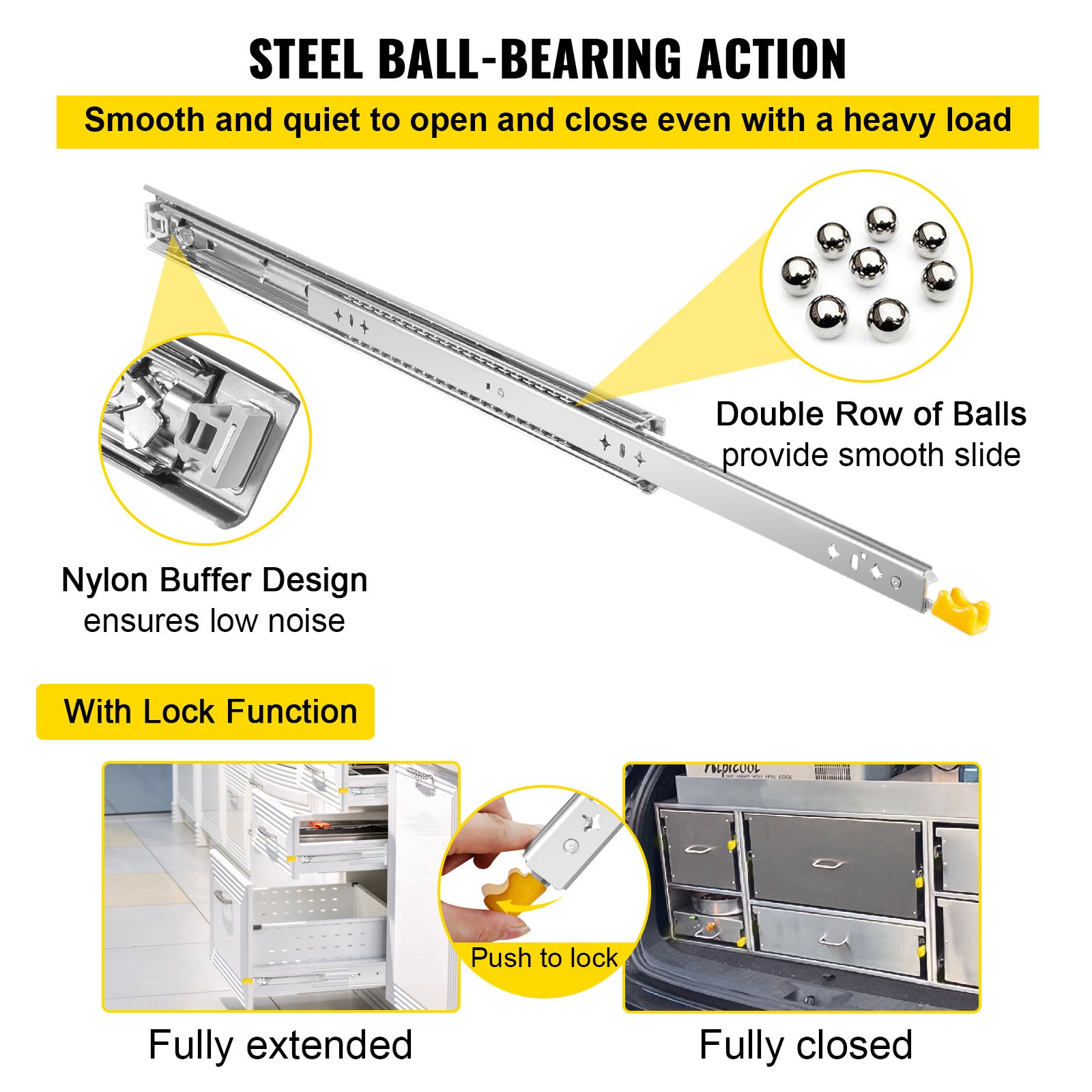 VEVOR heavy duty drawer slides with lock, smooth steel ball-bearing action, low noise nylon buffer.
