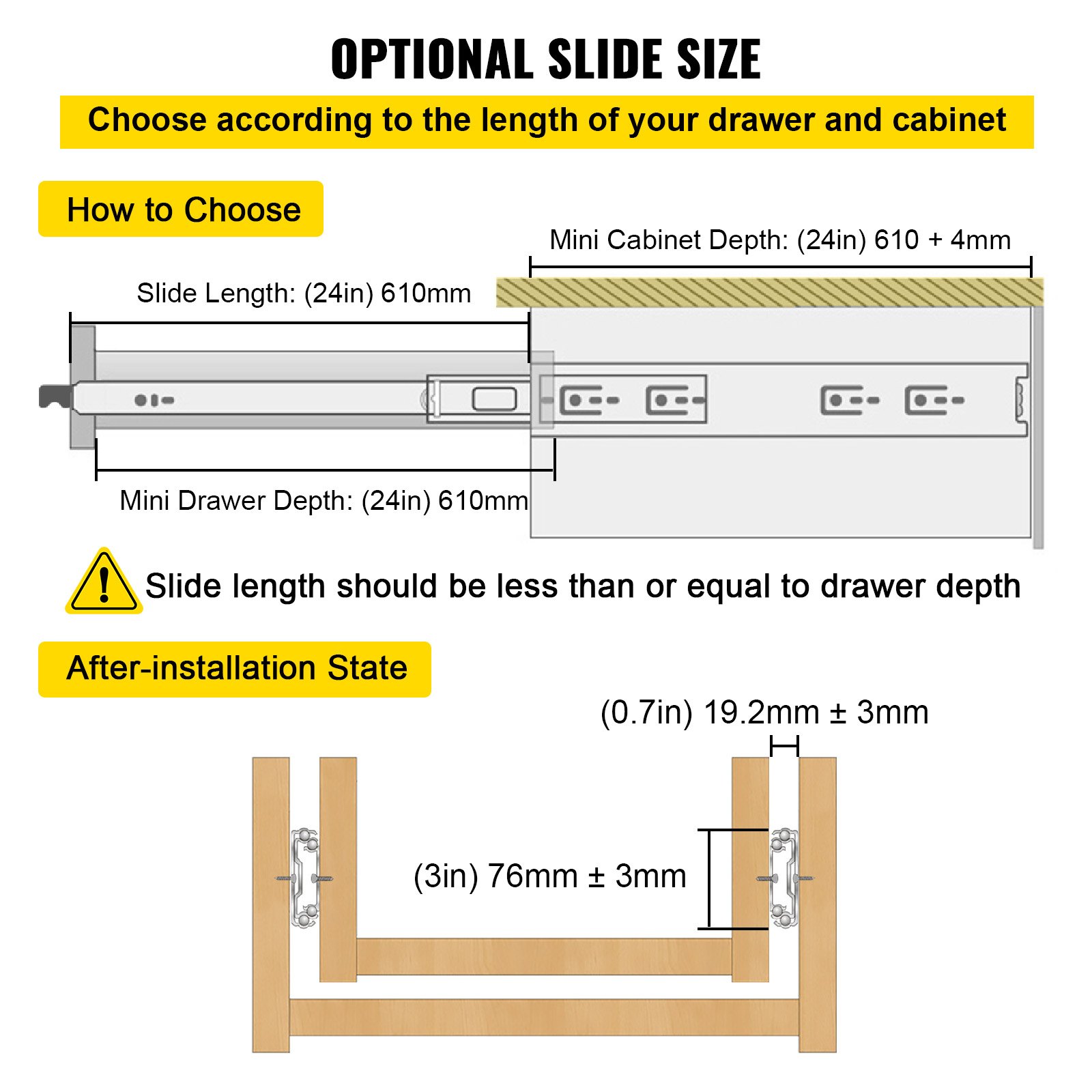 VEVOR heavy duty drawer slides installation guide for different drawer and cabinet sizes.