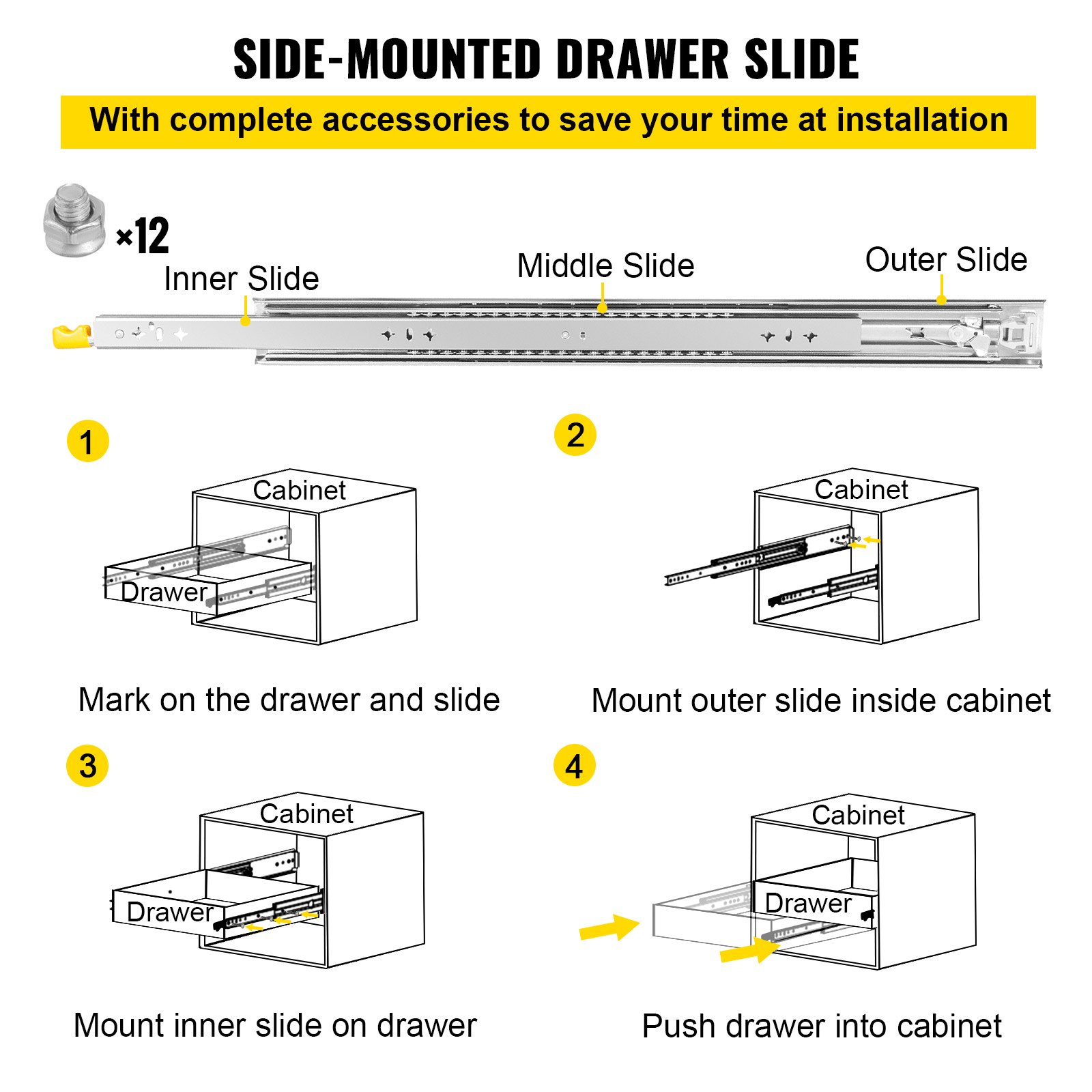 VEVOR heavy duty drawer slides installation steps with components and illustrations.