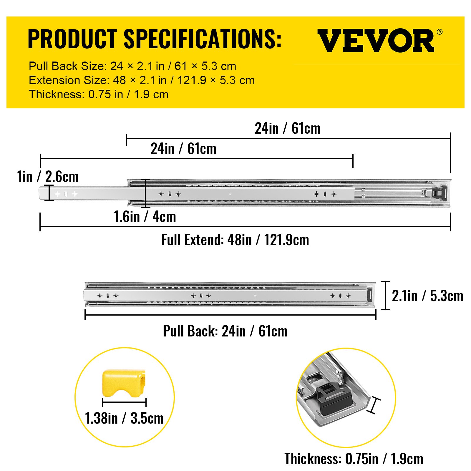VEVOR heavy duty drawer slides with 48in extension and 0.75in thickness specs.