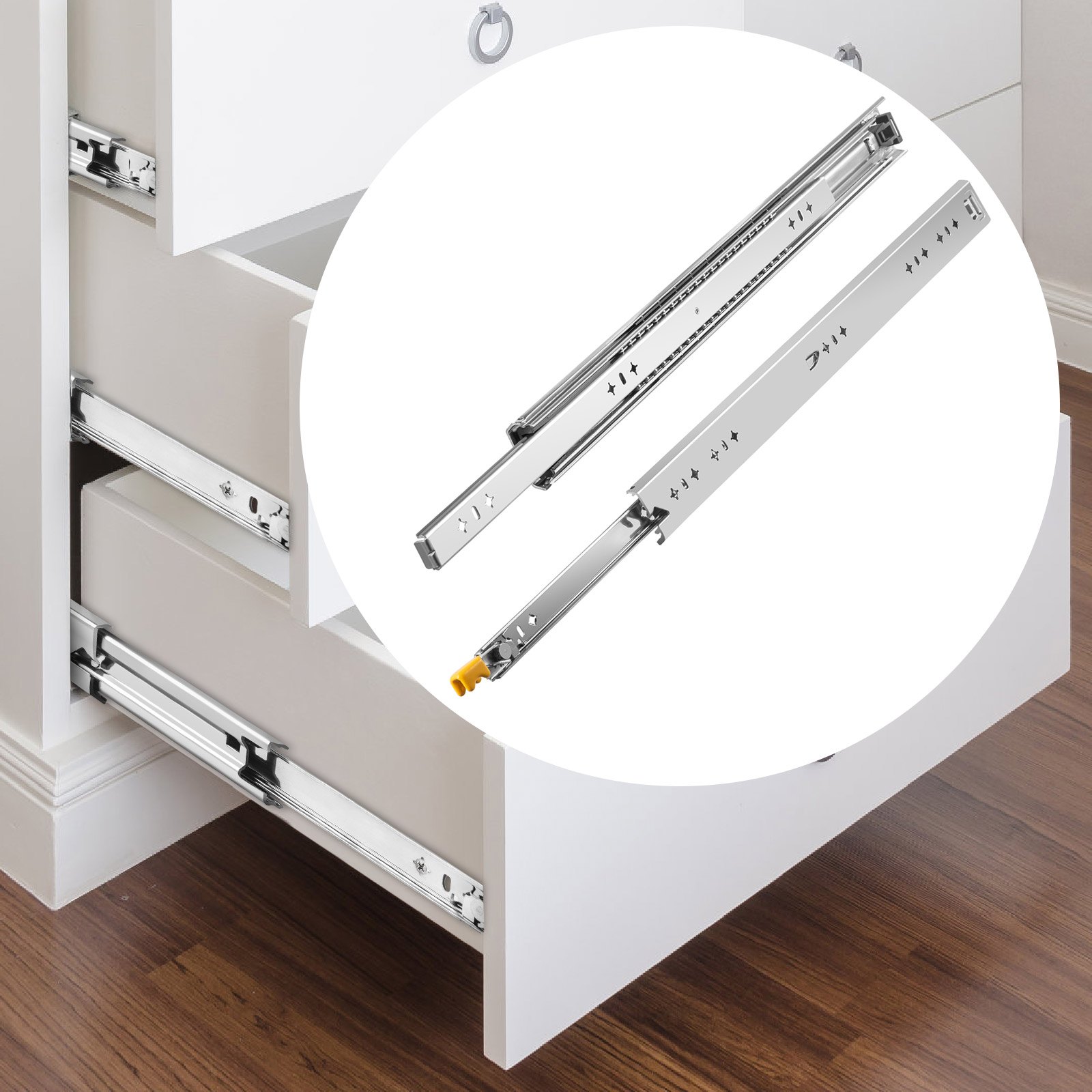drawer set with VEVOR heavy duty drawer slides in white cabinets on wood floor.