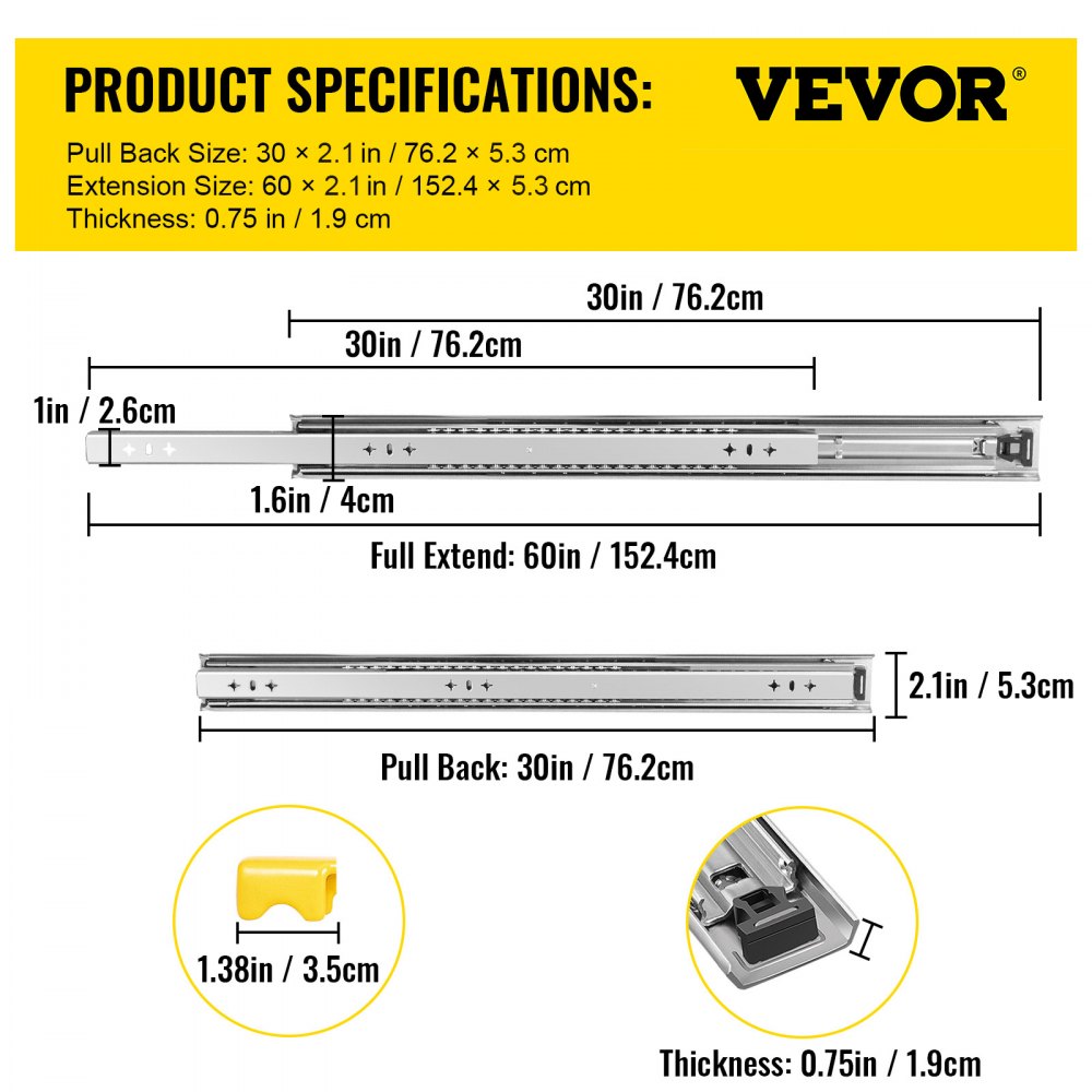 VEVOR heavy duty drawer slides - specifications and dimensions illustration.