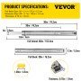 VEVOR heavy duty drawer slides - specifications and dimensions illustration.