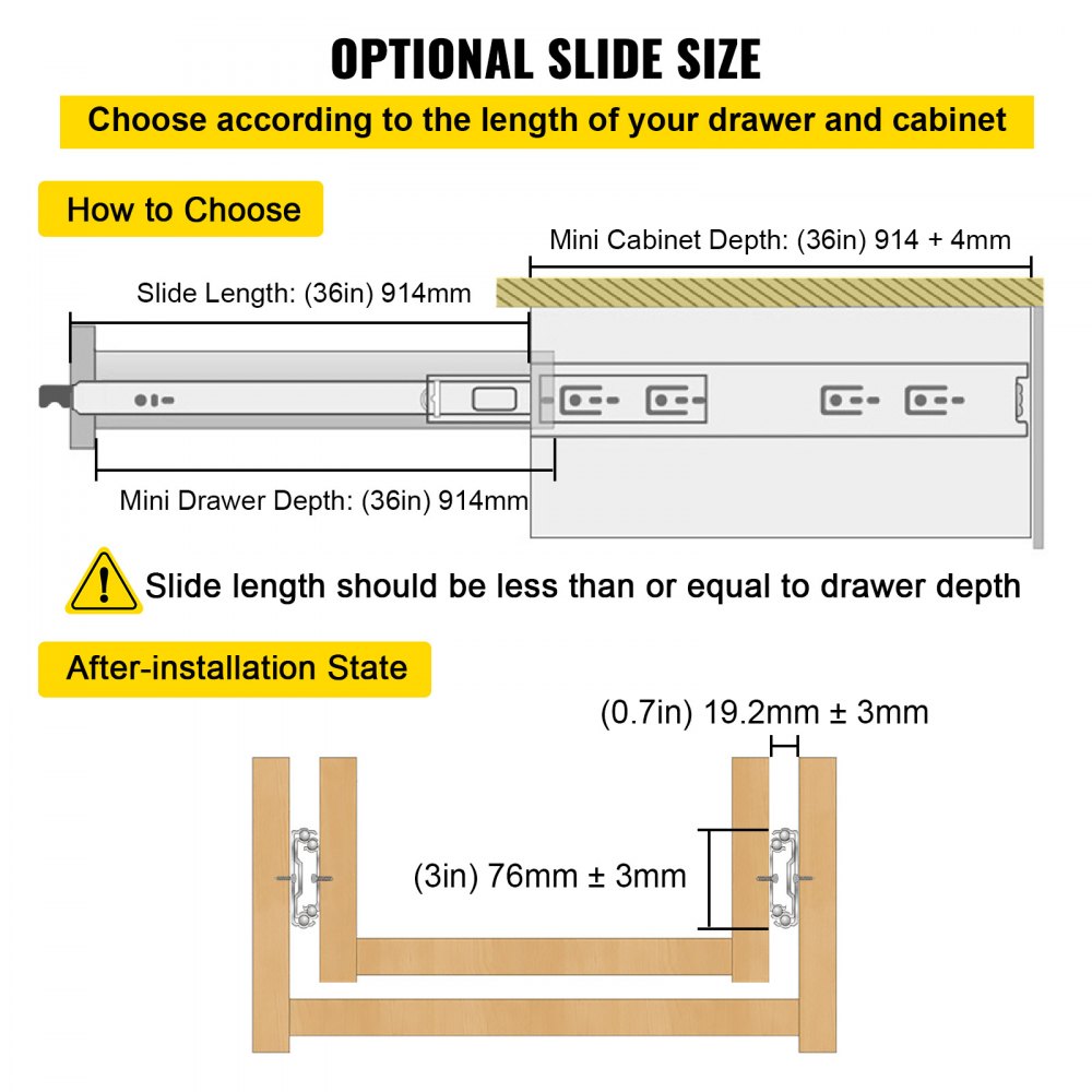 VEVOR heavy duty drawer slides installation guide showing sizes and measurements.