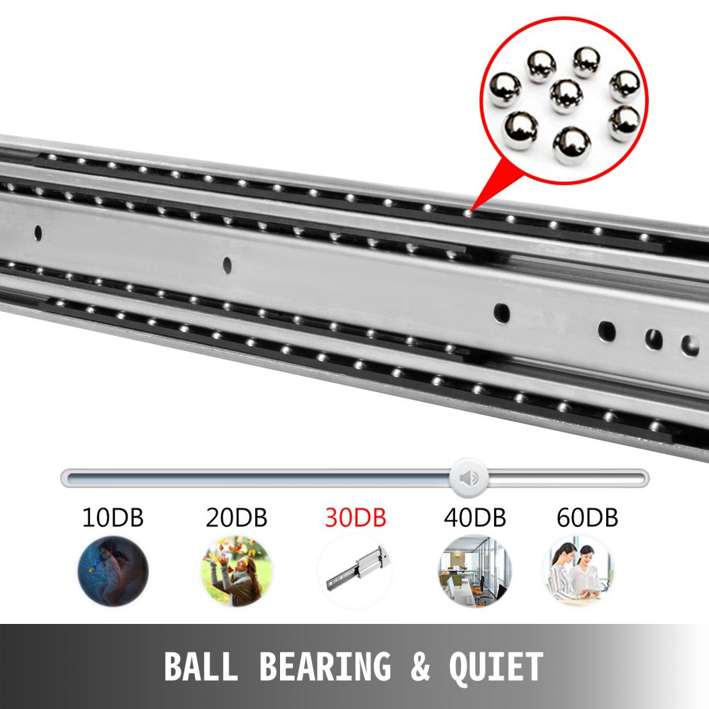 VEVOR heavy duty drawer slides with ball bearings, rated quiet at 30db.
