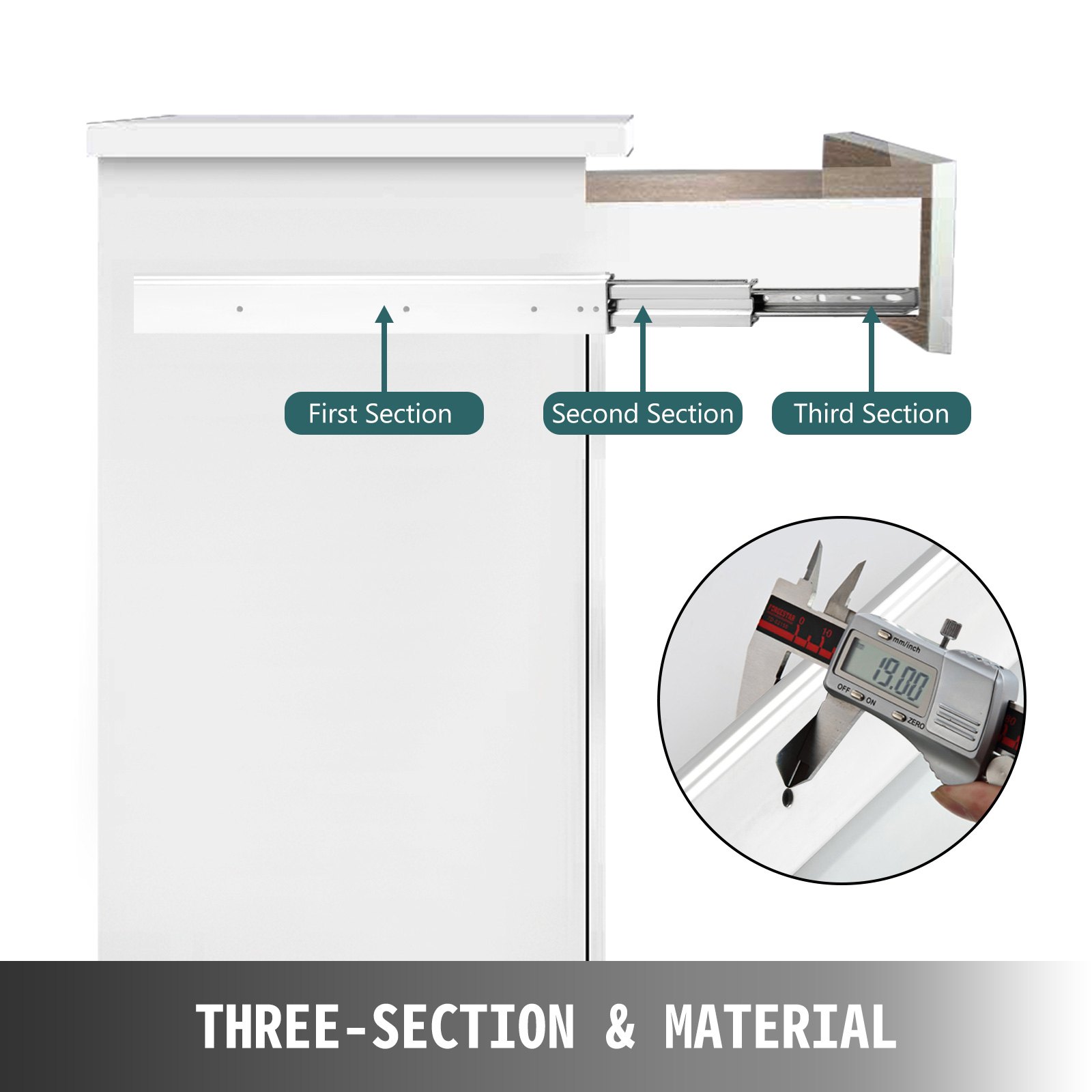 VEVOR heavy duty drawer slides with three-section extension and caliper measurement.