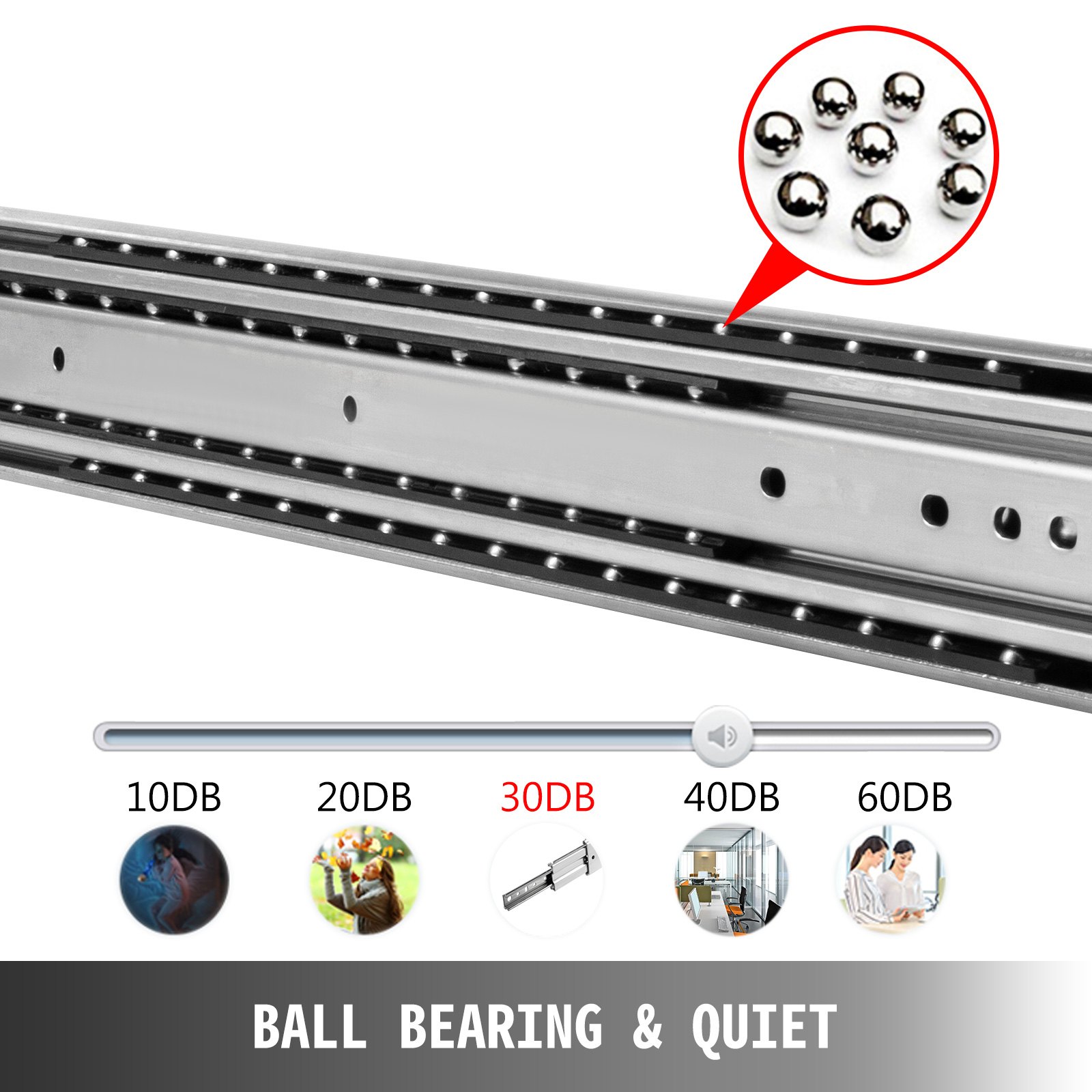 VEVOR heavy duty drawer slides with ball bearings, rated quiet at 30db.