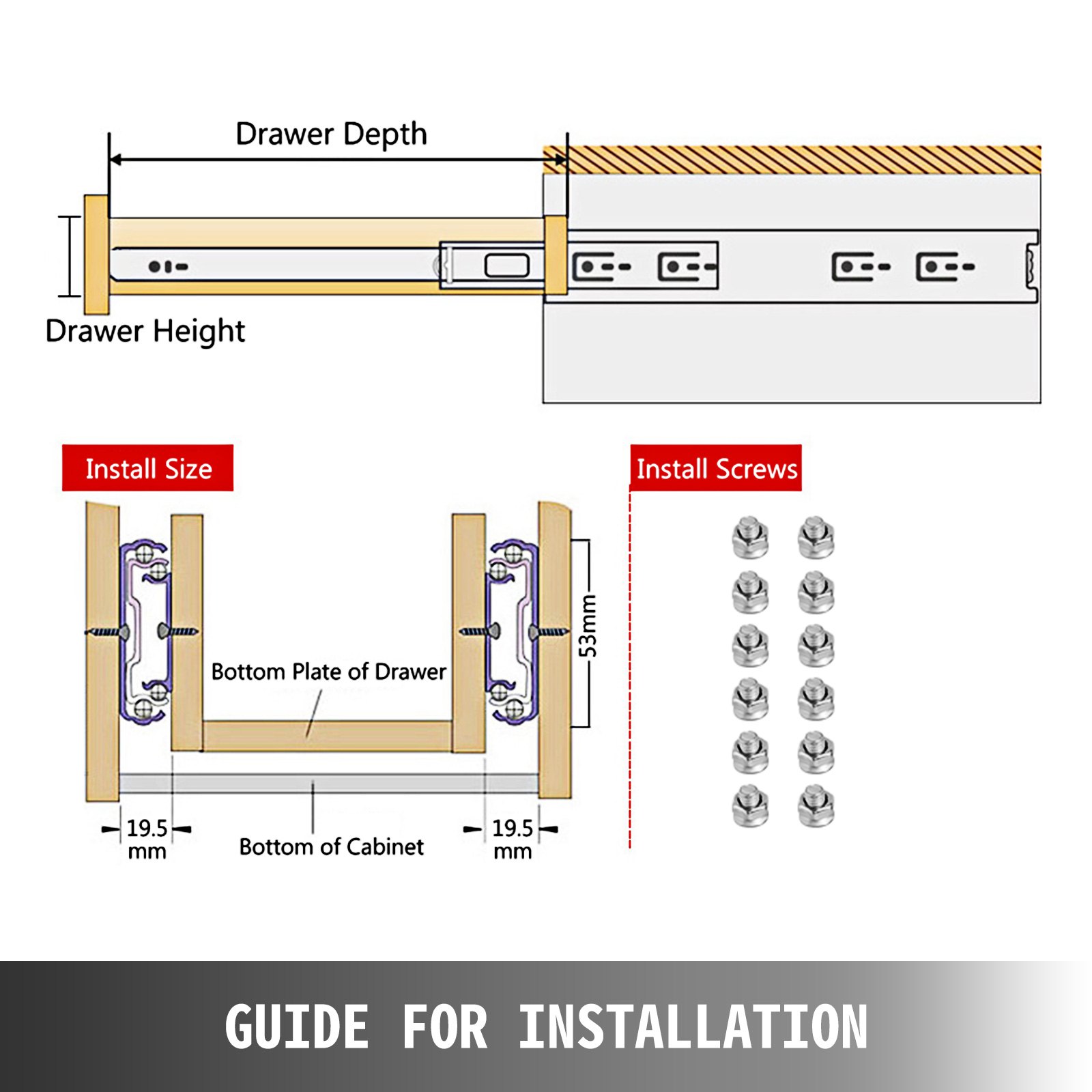 VEVOR heavy duty drawer slides installation guide showing measurements and screws.