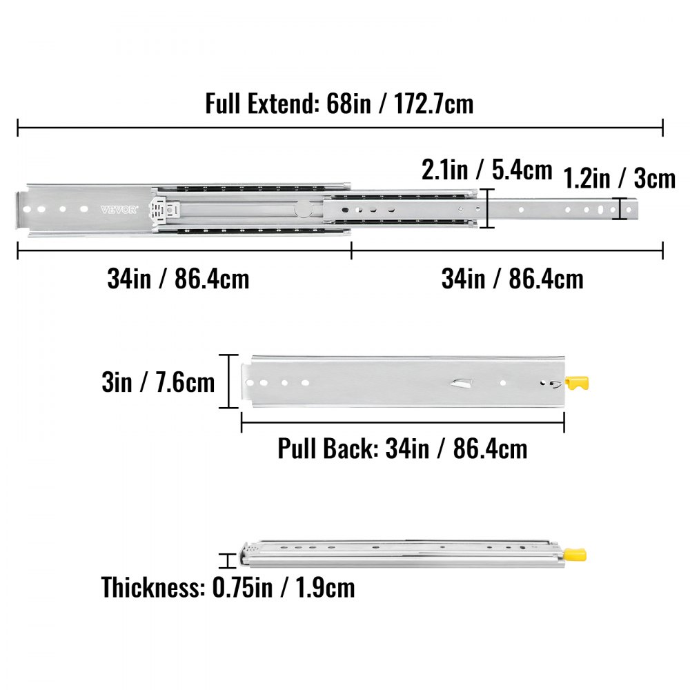 VEVOR Heavy Duty Drawer Slides 34" Length, Locking Drawer Slides 500lbs Load Capacity Long Full Extension Drawer Slide 1 Pair Side Mount Ball Bearing Drawer Glides Push to Open Drawer Runners Rail
