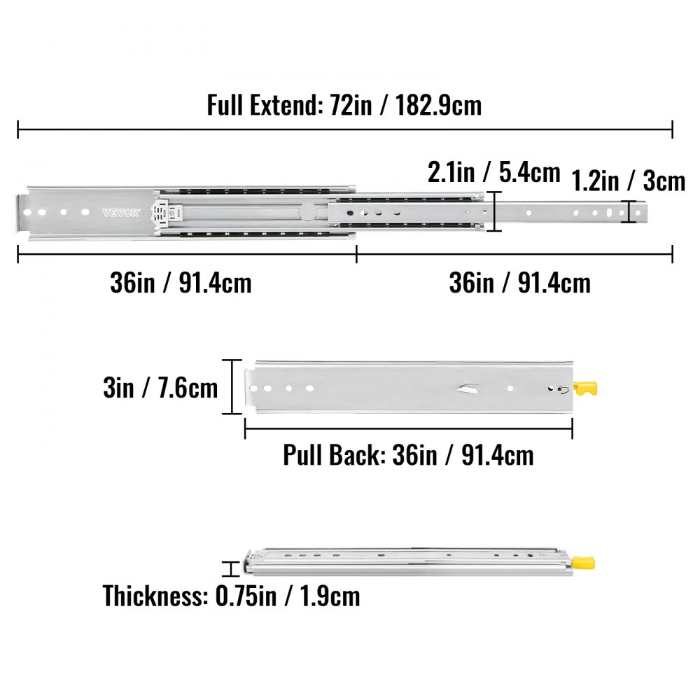 VEVOR heavy duty drawer slides, measurements annotated for full extension and thickness.