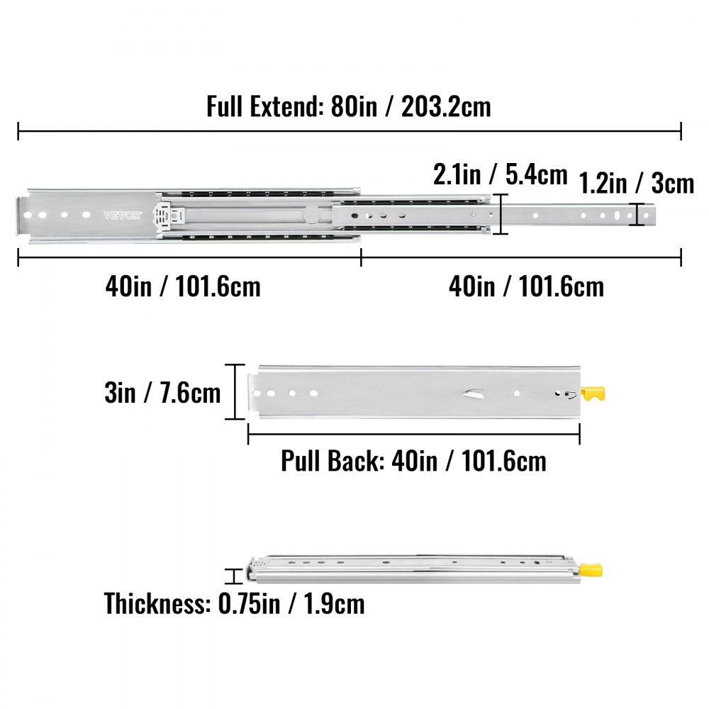 VEVOR heavy duty drawer slides measurements: 80in, 40in, 3in, 0.75in.