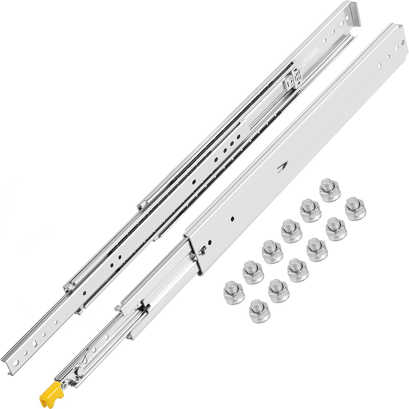 VEVOR heavy duty drawer slides with mounting screws and yellow release lever.