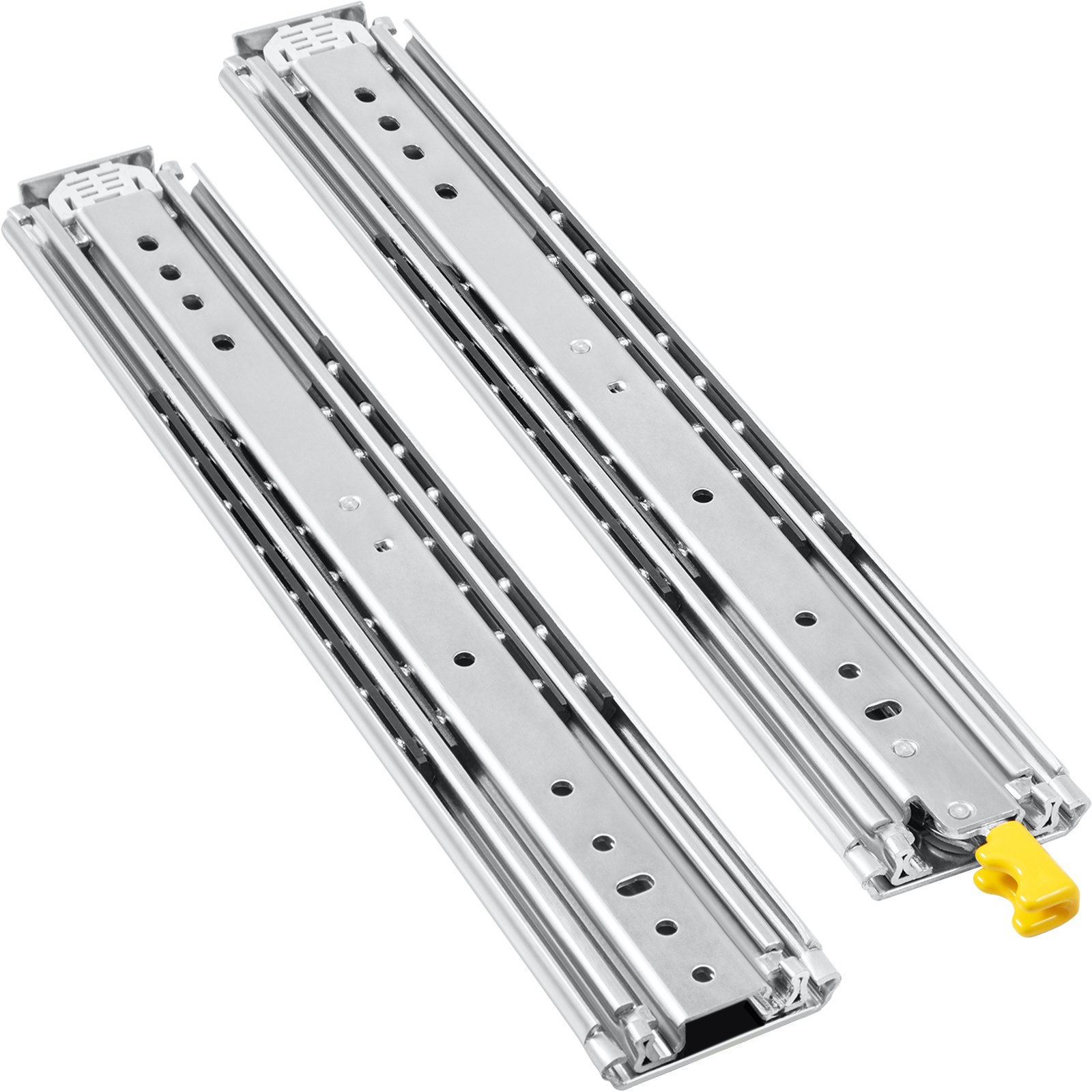 VEVOR heavy duty drawer slides with yellow release tab details.