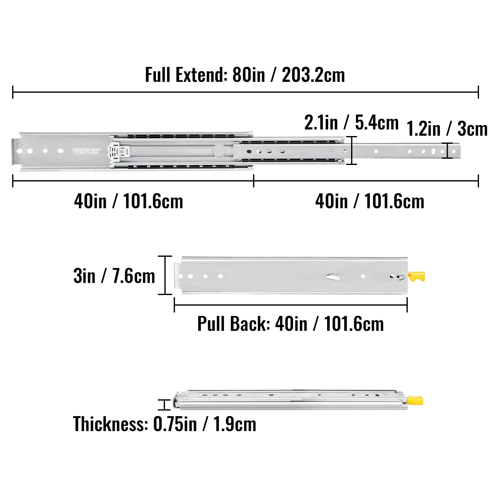 VEVOR heavy duty drawer slides measurements: 80in, 40in, 3in, 0.75in.