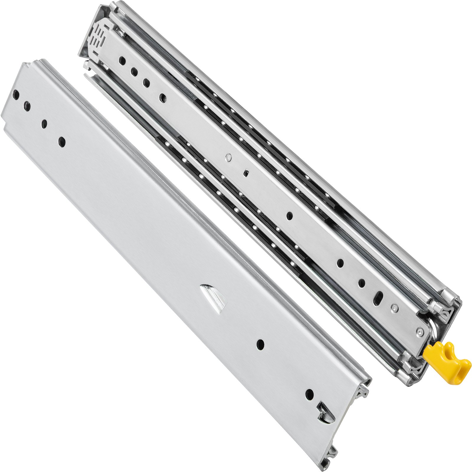 VEVOR heavy duty drawer slides in steel with yellow locking lever and multiple mounting holes.