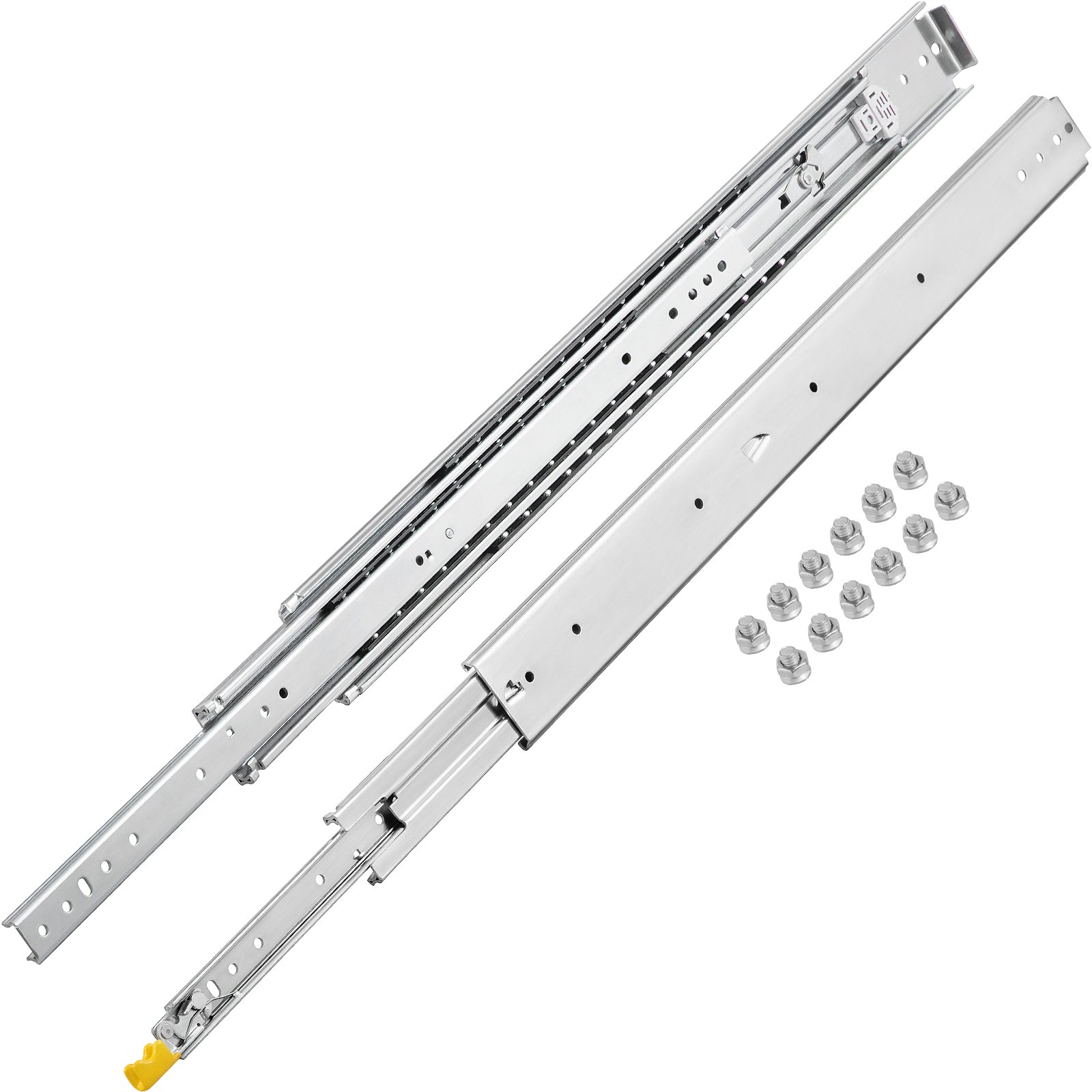 VEVOR heavy duty drawer slides with mounting hardware, showcasing durable design and materials.