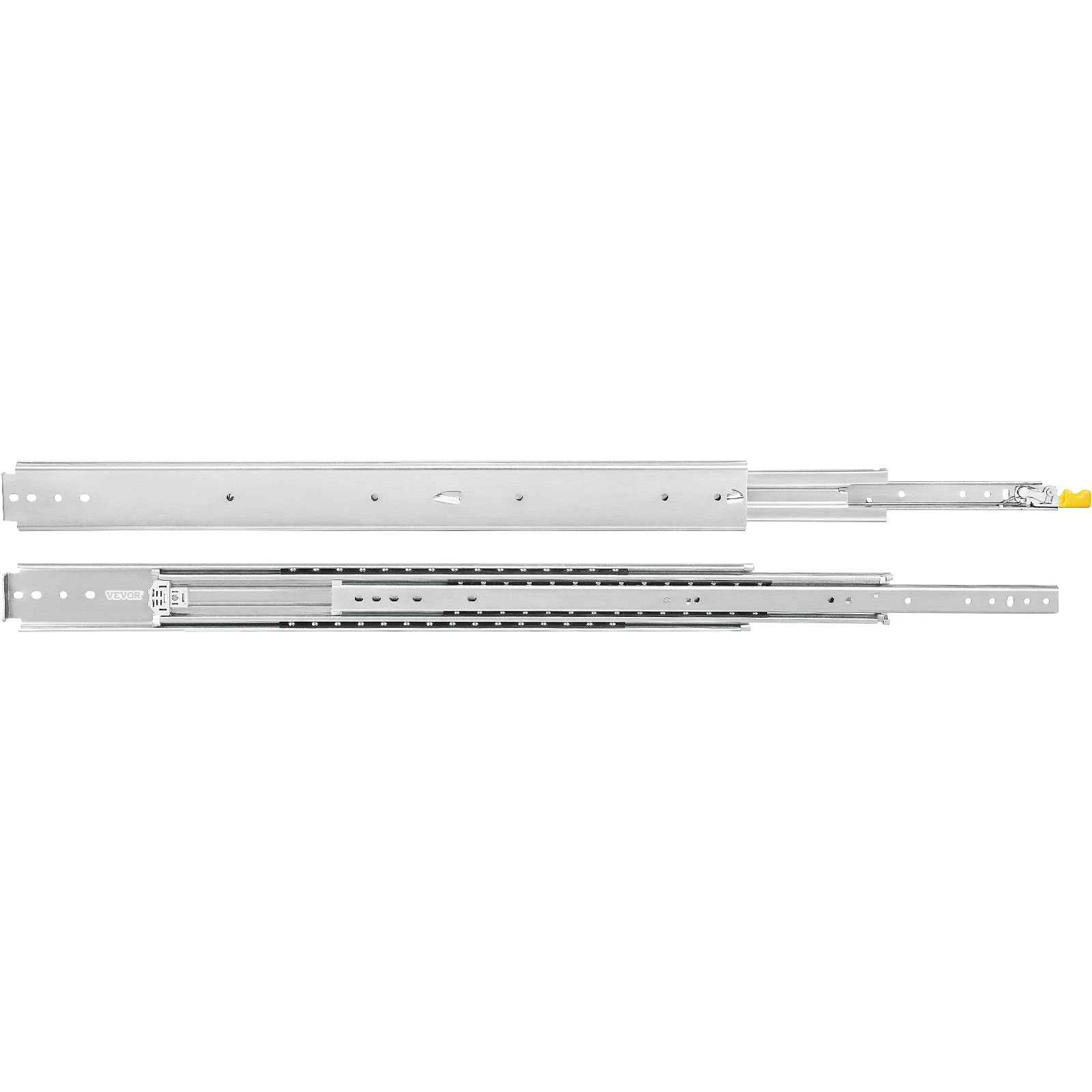 VEVOR heavy duty drawer slides, stainless steel, extended with locking mechanism visible.