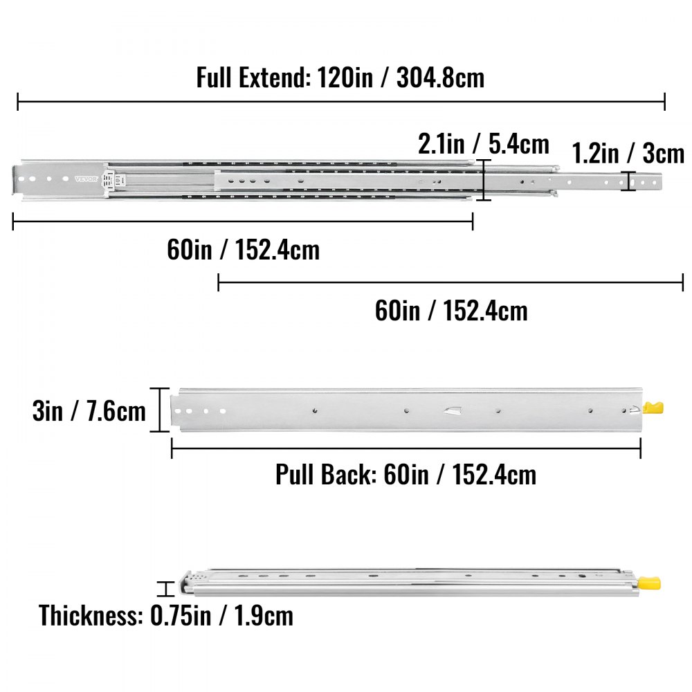dimensions and details of VEVOR drawer slides with full extension at 120in / 304.8cm.