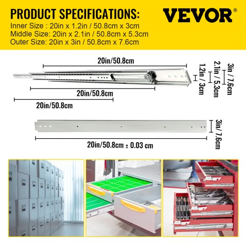 VEVOR Drawer Slides, 1 Pair 20 Inch Soft Close Drawer Slides, Ball Bearing Side Mount Drawer Hardware Slides, 500 LBS Load Capacity 3-Section Full Extension Drawer Slides for Smooth Slide, Less Noise