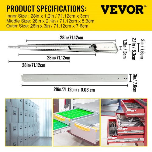 VEVOR Drawer Slides, 1 Pair 28 Inch Soft Close Drawer Slides, Ball Bearing Side Mount Drawer Hardware Slides, 500 LBS Load Capacity 3-Section Full Extension Drawer Slides for Smooth Slide, Less Noise