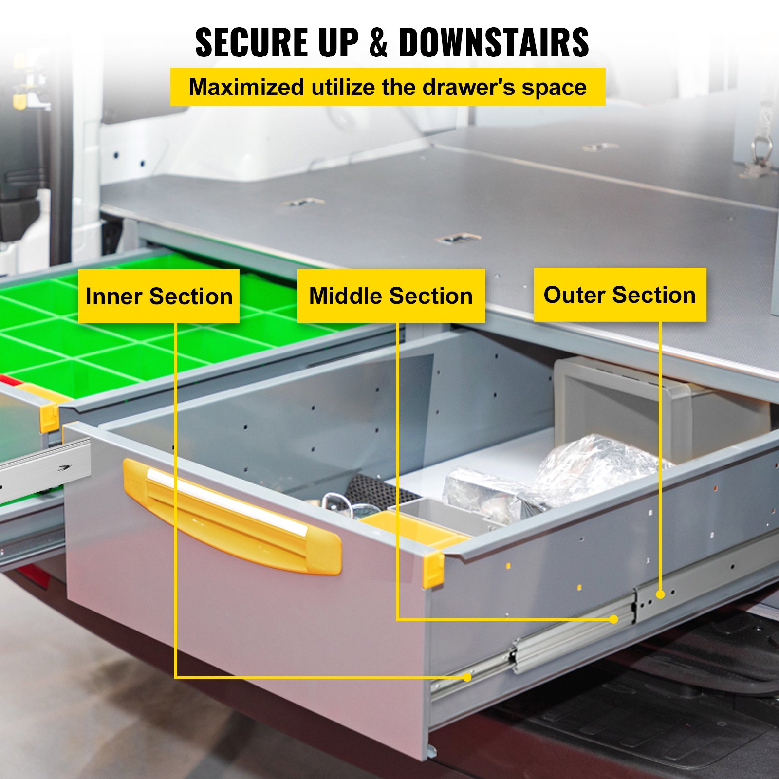 VEVOR drawer slides with inner, middle, and outer sections for optimized storage space.
