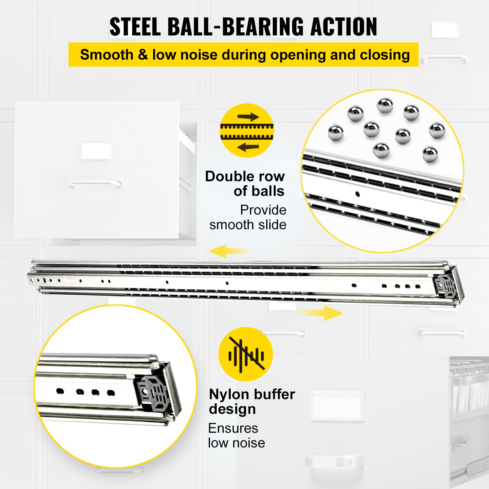 steel ball-bearing action for smooth VEVOR drawer slides opening and closing.