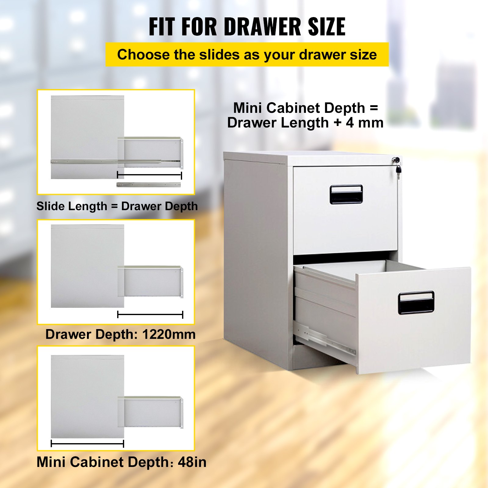 fit for drawer size guide with dimensions for VEVOR drawer slides and mini cabinet depth.