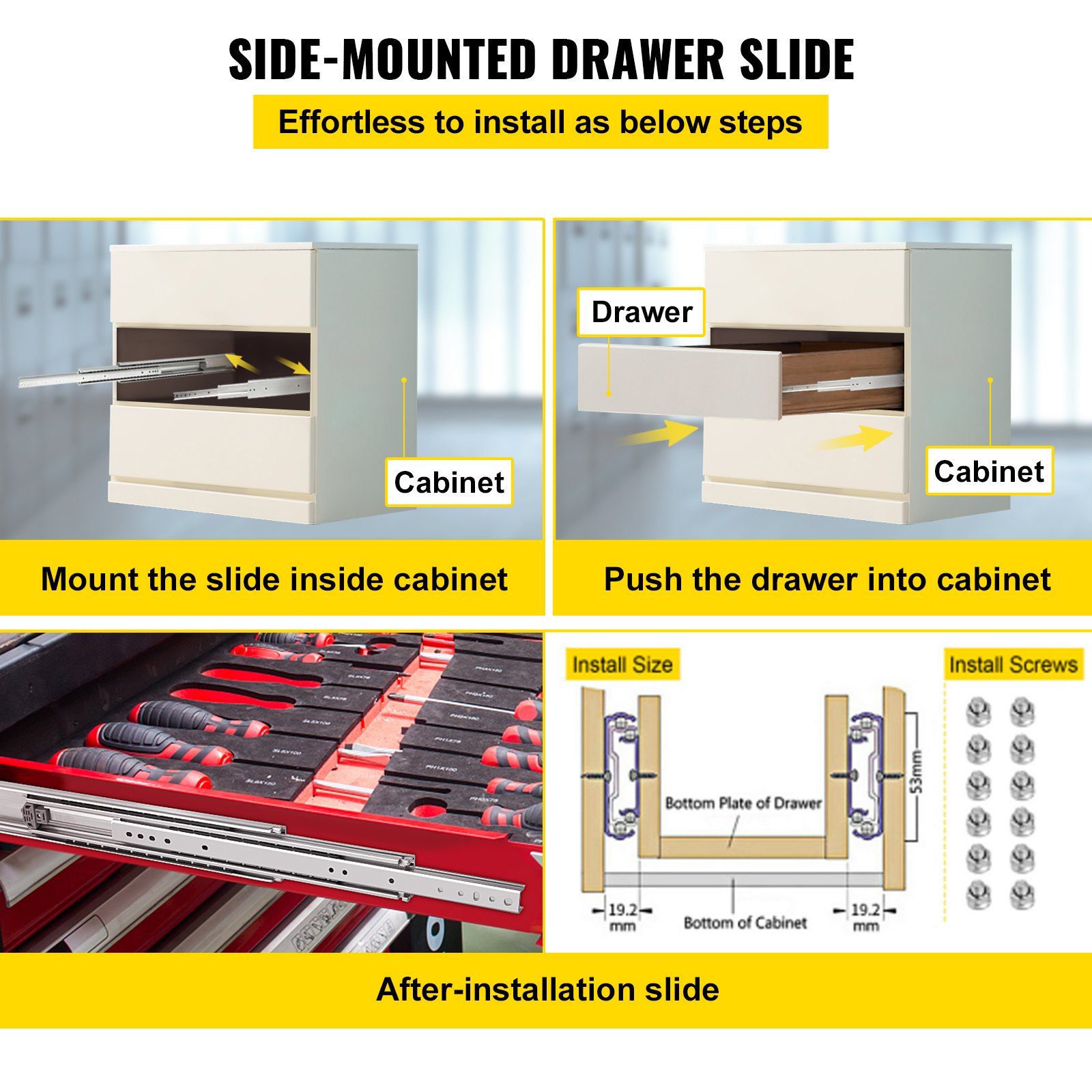 mounting and installing VEVOR drawer slides, cabinet and drawer steps shown.
