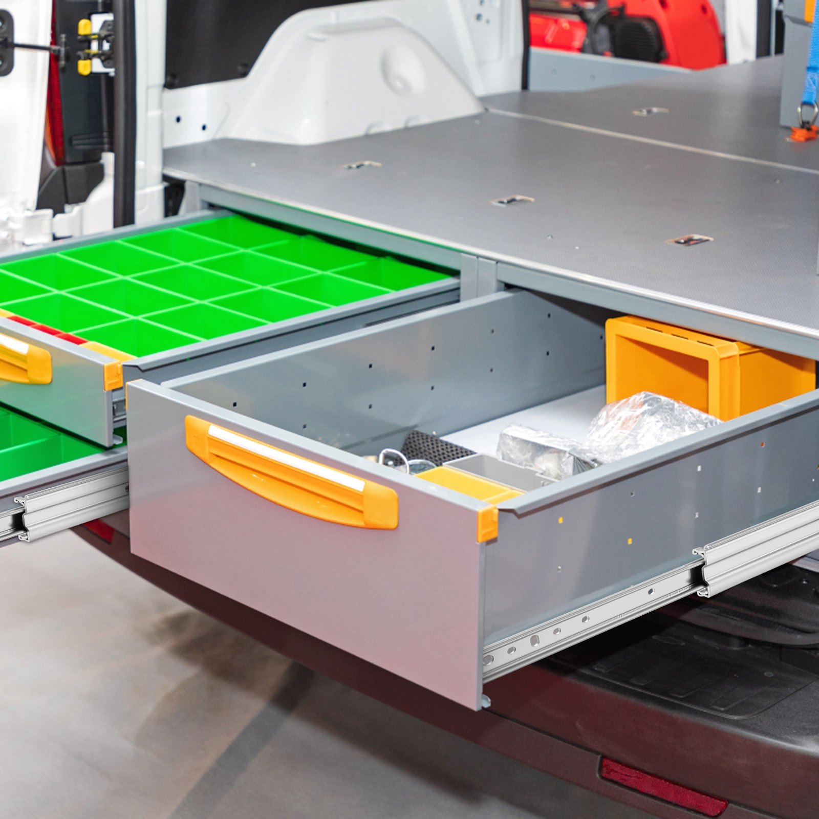 open van drawers featuring VEVOR drawer slides with green and yellow organized compartments.