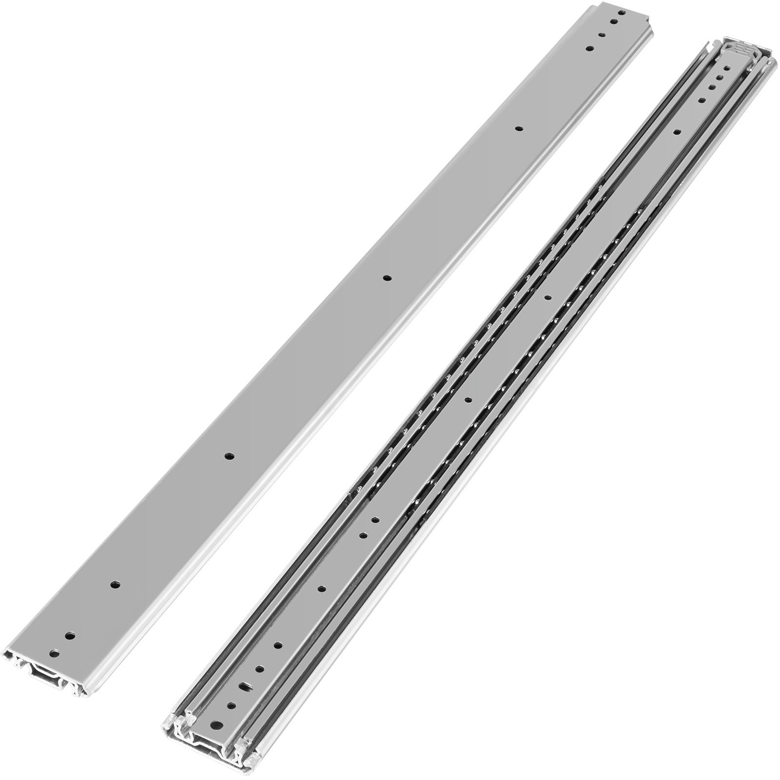 silver VEVOR drawer slides with multiple pre-drilled holes for mounting.