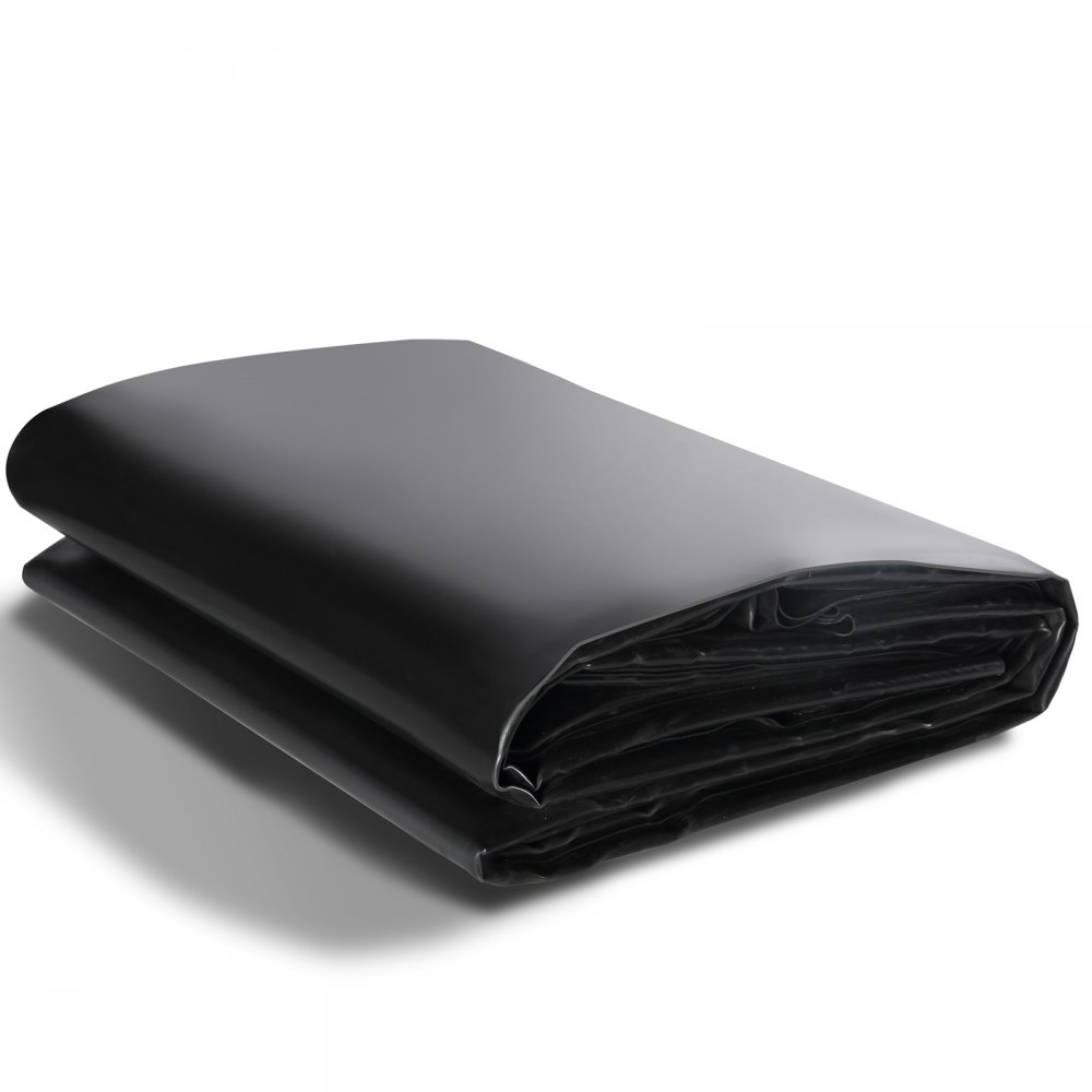 black folded VEVOR pond liner lying on a white background.