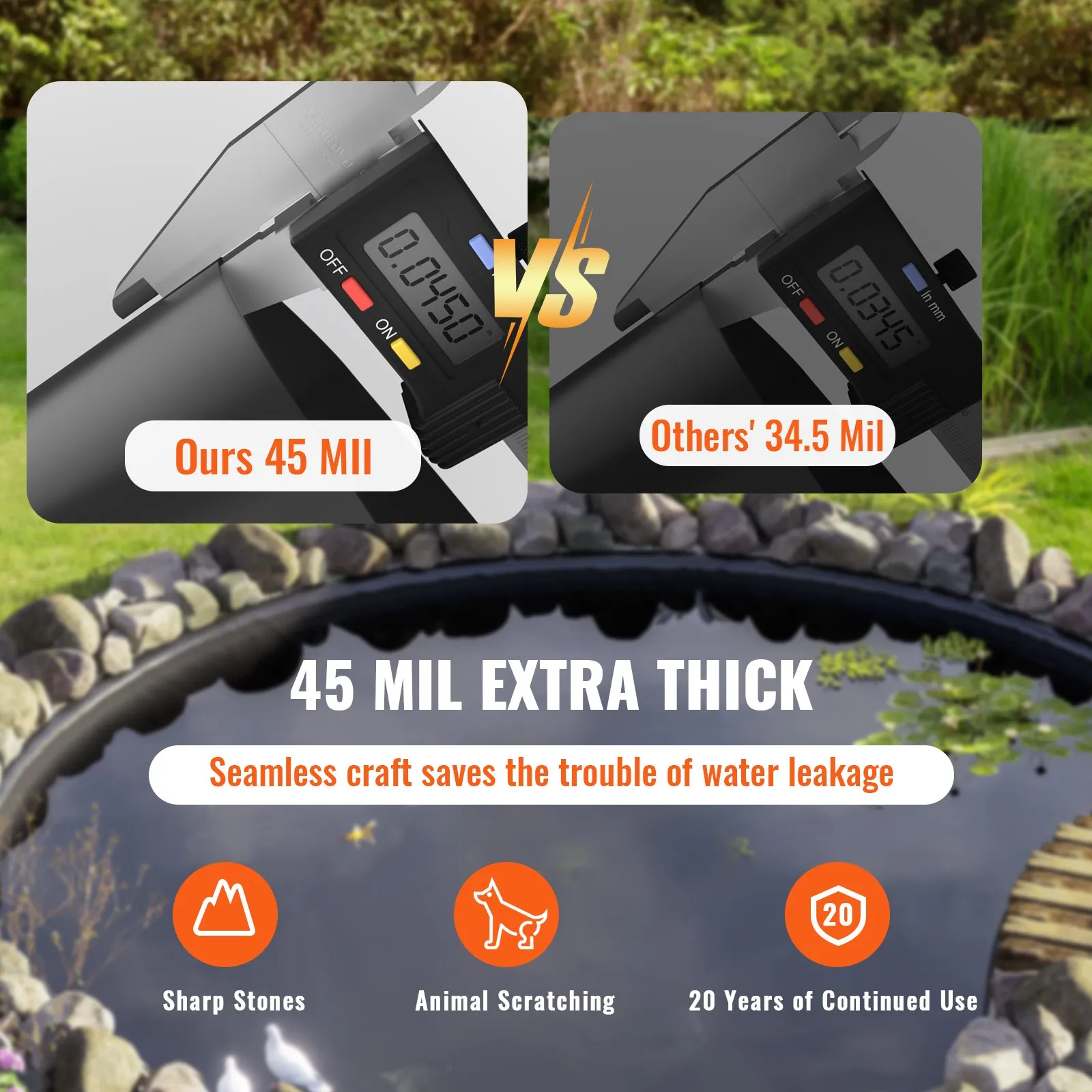 VEVOR pond liner 45 mil compared to others&#039; 34.5 mil, highlighting durability against sharp stones and animal scratching.