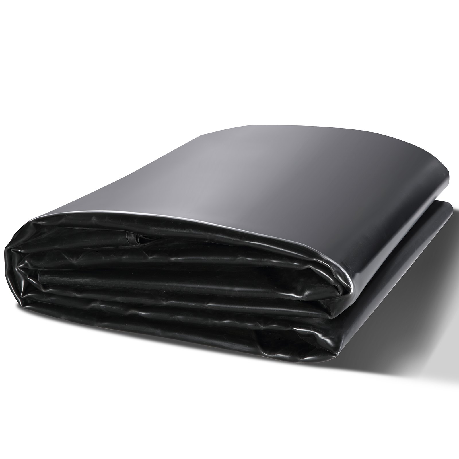 folded black VEVOR pond liner in a neat stack, showcasing its smooth texture and thickness.