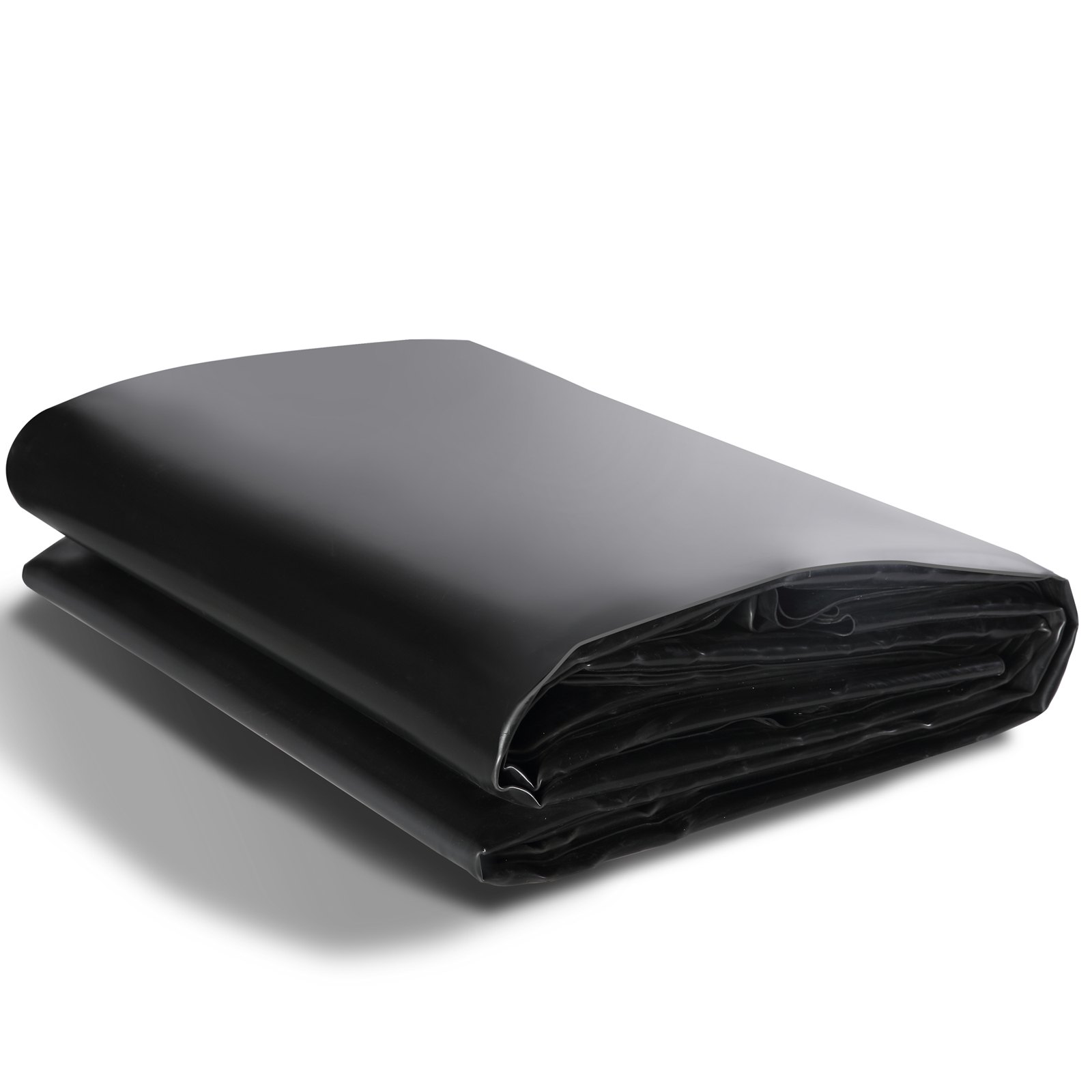 black folded VEVOR pond liner lying on a white background.