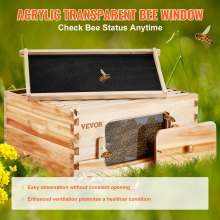 VEVOR Bee Hive Deep Box Starter Kit, 100% Beeswax Coated Natural Cedar Wood, Langstroth Beehive Kit with 10 Frames and Foundations, Transparent Acrylic Bee Windows for Beginners and Pro Beekeepers