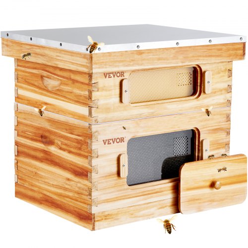 VEVOR Bee Hive 20 Frame Bee Hives Starter Kit, Beeswax Coated Cedar Wood, 1 Deep + 1 Medium Bee Boxes Langstroth Beehive Kit, Transparent Acrylic Windows with Foundations for Beginners Pro Beekeepers