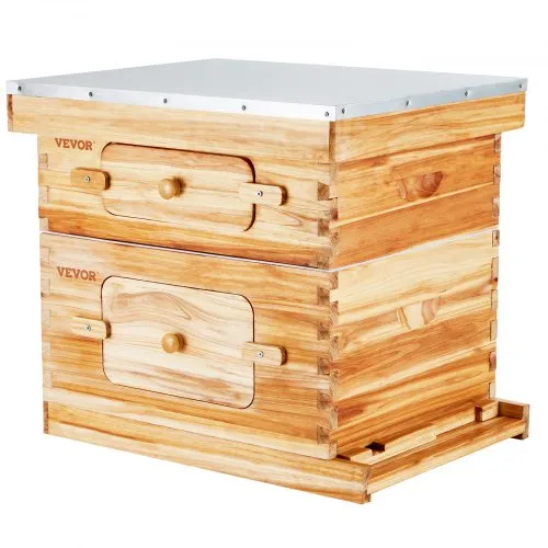VEVOR Bee Hive 20 Frame Bee Hives Starter Kit, Beeswax Coated Cedar Wood, 1 Deep + 1 Medium Bee Boxes Langstroth Beehive Kit, Transparent Acrylic Windows with Foundations for Beginners Pro Beekeepers