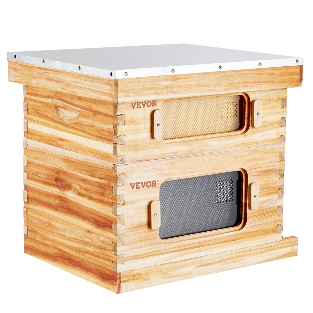 VEVOR bee hive starter kit with dual wooden boxes, metal roof, and mesh ventilation panels.