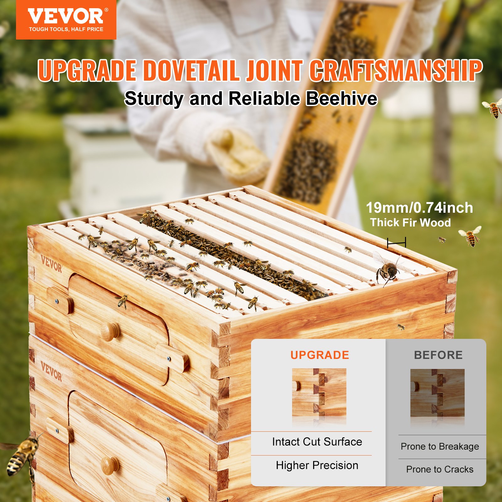 VEVOR bee hive starter kit featuring upgraded dovetail joint craftsmanship in thick cedar wood.